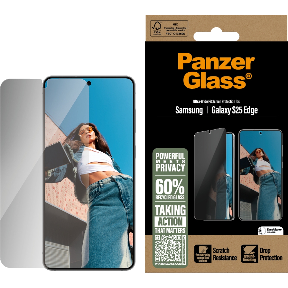 Szkło hartowane na cały ekran PanzerGlass Ultra-Wide Fit Privacy + EasyAligner do Samsung Galaxy S25 Edge przyciemniane, szkło z filtrem prywatyzującym, szybka